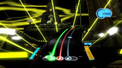 DJ Hero presents the player with three tracks, the green and blue corresponding to the two songs in the mix, and the red track for various effects. The symbols below the green and blue tracks represents the position of the crossfader control, while the arrow in the middle of the blue track represents the direction the player needs to turn the turntable.