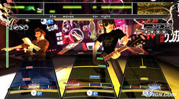 Rhythm (bottom 3 tracks) and pitch (top track) elements combine in the music video game Rock Band