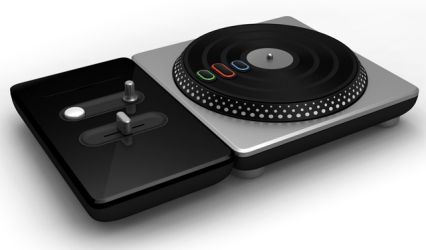 The turntable controller that Activision is planning to release with DJ Hero, which includes a rotatable turntable and three "stream" buttons, a crossfader, effects dial, and Euphoria button.